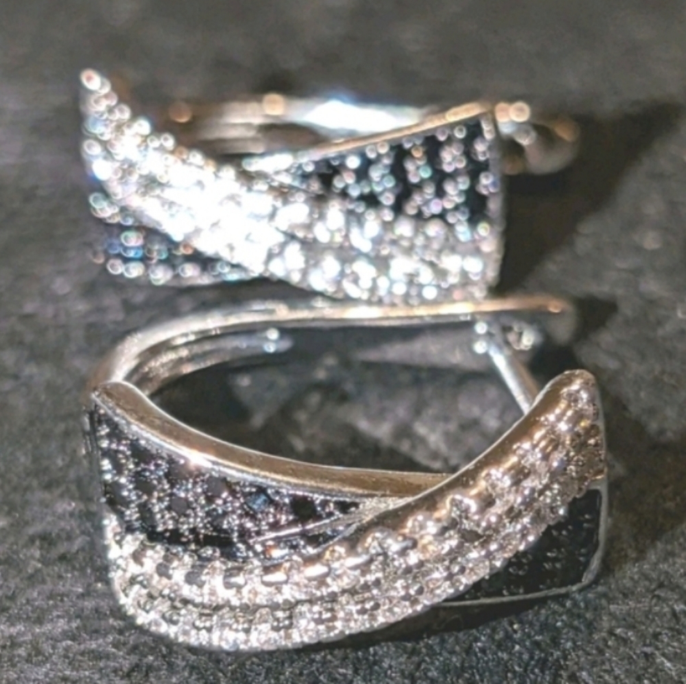 Lab Created Black Diamond Cluster Crossover Hoop Earrings 14k White Gold Plated - Picture 14 of 16